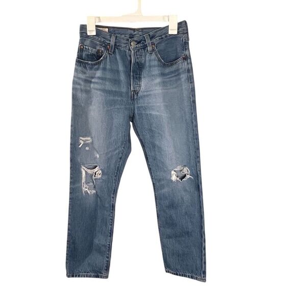 Levi's 501 Distressed Blue Denim Jeans Size 27 Straight Fit - Picture 1 of 16
